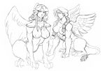  2018 anthro big_breasts breasts duo feathered_wings feathers feline female fur guoh hair mammal monochrome monster_girl_(genre) nude simple_background sitting sketch sphinx white_background wings 