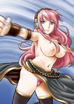  bad_id bad_pixiv_id blue_eyes breasts colored_pubic_hair double_lariat_(vocaloid) large_breasts lariat long_hair megurine_luka nipples pink_hair pubic_hair punching skirt skirt_lift solo spinning thighhighs topless vocaloid yamakumo 