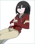  :o bangs black_eyes black_hair blue_border border feet_out_of_frame hair_between_eyes hammer_(sunset_beach) highres hood hoodie monogatari_(series) oshino_ougi pants parted_lips red_hoodie shirt short_hair sitting solo white_background white_shirt 