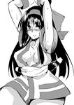  akenami_yasutaka armpits arms_up blush bow breasts cleavage gloves greyscale hair_bow hair_ribbon hairband highres long_hair medium_breasts monochrome nakoruru ribbon samurai_spirits solo weapon 