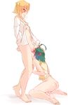  1boy 1girl ass assertive blonde_hair blush bottomless breasts cousins cunnilingus feet femdom flaccid glasses green_hair hakamichi_hideaki incest katawa_shoujo lip_biting naked_shirt naughty_face nipples oral penis red_eyes reverse_trap rtil satou_akira short_hair sketch small_breasts smile standing testicles toes trap 