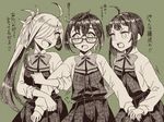  ahoge arm_holding asashimo_(kantai_collection) asymmetrical_bangs bangs bow bowtie commentary_request cowboy_shot crosshatching fujinami_(kantai_collection) glasses green_background hair_over_one_eye kantai_collection long_hair long_sleeves miroku_san-ju monochrome multiple_girls okinami_(kantai_collection) open_mouth ponytail school_uniform sharp_teeth short_hair side_ponytail simple_background sweatdrop teeth translated 