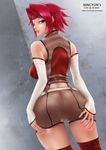  1girl ass ass_grab bare_shoulders blue_eyes breasts code_geass deep_skin detached_sleeves from_behind headband huge_ass kallen_stadtfeld large_breasts looking_at_viewer looking_back ningyon patreon red_hair red_legwear shiny shiny_hair short_hair shorts sideboob solo thighhighs 