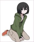  arms_between_legs bangs black_eyes black_hair border closed_mouth full_body green_hoodie grey_pants hair_between_eyes hammer_(sunset_beach) highres hood hoodie jewelry long_sleeves monogatari_(series) necklace oshino_ougi pants peace_symbol pouch purple_border red_footwear shirt shoes short_hair sitting solo white_background white_shirt 