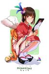  2017 artist_name bangs bell blush c: closed_mouth eyebrows_visible_through_hair feathered_wings floral_print full_body hagoita hair_ornament hanetsuki holding japanese_clothes jingle_bell kimono legs_together looking_at_viewer nanahime obi original paddle red_kimono sandals sash short_hair sidelocks signature smile socks solo squatting tabi white_legwear white_wings wings 