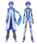  android arms_at_sides bangs blue_eyes blue_hair blue_scarf bright_pupils brown_pants clothes_removed coat full_body highres kaito long_coat looking_at_viewer male_focus no_penis pants robot_joints scarf shikuchouson simple_background smile solo standing swept_bangs vocaloid white_background 