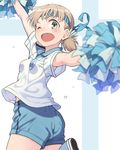  ;d aki_(girls_und_panzer) armpit_peek blonde_hair blue_footwear blue_hairband blue_shorts blurry blush breasts cheerleader commentary_request cowboy_shot depth_of_field emblem finnish_flag flag_background from_behind girls_und_panzer green_eyes gym_uniform hairband holding keizoku_(emblem) looking_back low_twintails one_eye_closed open_mouth outstretched_arms pairan pom_poms shirt shoes short_hair shorts small_breasts smile solo sweat tareme twintails twisted_torso two-tone_background white_shirt 