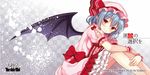  bangs bat_wings black_wings blue_hair blush bow checkered checkered_background closed_mouth commentary_request eyebrows_visible_through_hair frills hair_between_eyes hat hat_bow looking_at_viewer mob_cap nagisa3710 pink_hat pointy_ears puffy_short_sleeves puffy_sleeves red_bow red_eyes remilia_scarlet short_sleeves sitting smile solo touhou translation_request wings 