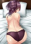  ahoge all_fours arm_support ass back bare_back bed bed_sheet brown_eyes butt_crack eyebrows_visible_through_hair fingernails foreshortening from_above from_behind hagikaze_(kantai_collection) half_updo highres kamelie kantai_collection long_hair looking_back on_bed one_eye_closed open_mouth panties pillow profile purple_hair purple_panties solo sweat tareme topless underwear underwear_only 