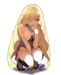  bare_shoulders blonde_hair breasts commentary_request dress full_body green_eyes hair_over_one_eye hand_on_own_chin haruba_negi high_heels highres long_hair looking_at_viewer lusamine_(pokemon) mature medium_breasts multicolored_pants parted_lips pokemon pokemon_(game) pokemon_sm shadow simple_background sleeveless sleeveless_dress solo squatting very_long_hair white_background white_dress 