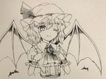  ;) ascot bat bat_wings brooch commentary_request dress hat jewelry looking_at_viewer mob_cap one_eye_closed remilia_scarlet short_hair slit_pupils smile solo touhou upper_body wavy_hair wings wrist_cuffs yururi_nano 
