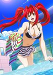  00s 1girl all_fours bikini breasts female ikkitousen kanpei large_breasts long_hair looking_at_viewer red_hair shiny_skin skirt sky swimsuit twintails 