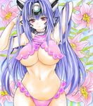  alternate_costume android arm_up armpits bangs bare_arms bare_shoulders blush breasts collarbone cowboy_shot eyebrows_visible_through_hair eyelashes facing_viewer flower groin hair_between_eyes hair_lift hand_in_hair headgear highleg highleg_panties highres kos-mos kos-mos_ver._4 large_breasts lavender_hair leaf lily_(flower) long_hair midriff multicolored multicolored_background navel no_bra panties pink_panties pink_shirt red_eyes shirt sleeveless sleeveless_shirt solo traditional_media turtleneck twobee underboob underwear very_long_hair watercolor_(medium) xenosaga xenosaga_episode_iii 