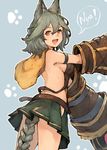  :d absurdres animal_ears blue_background breasts cat_ears claw_(weapon) commentary_request cowboy_shot erune fang from_side granblue_fantasy grey_hair hair_between_eyes highres koretsuki_azuma looking_at_viewer medium_breasts open_mouth outline paw_print pleated_skirt red_eyes sen_(granblue_fantasy) skirt smile speech_bubble weapon 