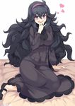  @_@ al_bhed_eyes breasts dress full_body hairband hex_maniac_(pokemon) highres large_breasts long_dress long_hair looking_at_viewer messy_hair pokemon pokemon_(game) pokemon_xy purple_hairband ribbed_sweater solo sweater tinpam very_long_hair 
