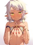  bare_shoulders blush commentary dark_skin elf flat_chest green_eyes hair_ornament hairclip hands_on_own_chest jewelry kinta_(distortion) looking_at_viewer necklace o-ring o-ring_top original pointy_ears short_hair simple_background solo tattoo upper_body wavy_mouth white_background white_hair 
