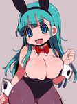  :d animal_ears aqua_hair ass_visible_through_thighs bangs beige_background black_leotard blue_eyes blush_stickers bow bowtie breasts bulma bunny_ears bunnysuit contrapposto covered_navel cowboy_shot detached_collar dragon_ball dragon_ball_(classic) eyebrows_visible_through_hair fake_animal_ears highres large_breasts leotard long_hair looking_at_viewer open_mouth pantyhose purple_legwear red_bow red_neckwear signature simple_background smile solo standing wrist_cuffs zankuro 