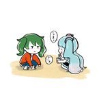  aqua_hair blush_stickers chibi dual_persona eating eyewear_on_head green_hair hatsune_miku highres hood hoodie jitome long_hair magical_mirai_(vocaloid) multiple_girls sand shaved_ice sitting smile souda_(jajajajaaaan) squatting suna_no_wakusei_(vocaloid) sunglasses translated twintails vocaloid 