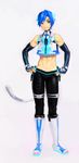  abs animal_ears blue_eyes blue_hair blue_nails boots cat_ears cat_tail closed_mouth crop_top detached_sleeves fake_animal_ears full_body hands_on_hips headphones kaito male_focus midriff nail_polish neko_cyber_(module) project_diva_(series) project_diva_2nd shikuchouson simple_background solo tail toned toned_male vocaloid white_background white_footwear 