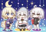  absurdres animal_slippers bell bell_collar bike_shorts bloomers blue_eyes blue_scrunchie body_pillow bunny_slippers cape collar commentary_request crescent_moon eyebrows_visible_through_hair fate/apocrypha fate/grand_order fate_(series) hand_on_hip hat highres jako_(jakoo21) jeanne_d'arc_(alter)_(fate) jeanne_d'arc_(fate) jeanne_d'arc_(fate)_(all) jeanne_d'arc_alter_santa_lily long_hair moon multiple_girls multiple_persona nightcap open_mouth pajamas platinum_blonde_hair scrunchie shirt short_hair star stuffed_animal stuffed_toy t-shirt translation_request underwear very_long_hair yellow_eyes 