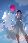  backlighting balloon banned_artist blue_sky breasts cloud cloudy_sky day dress foreshortening from_below hand_on_own_chest highres jandy looking_away original outdoors parted_lips purple_eyes purple_hair see-through_silhouette short_hair sky small_breasts solo sundress white_dress 