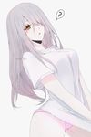  artist_name bad_id bad_pixiv_id breasts contrapposto dutch_angle highres kyrie_meii long_hair looking_at_viewer medium_breasts no_pants original outstretched_arms own_hands_together pale_skin panties pink_panties shirt shirt_tug solo standing t-shirt underwear white_hair yellow_eyes 