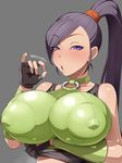  blush breasts dragon_quest dragon_quest_xi erect_nipples large_breasts martina_(dq11) naughty_face ponytail purple_eyes purple_hair qlinicx 