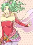  :d bare_shoulders breasts cape cleavage collarbone covered_navel cowboy_shot detached_sleeves dress earrings eyebrows eyelashes final_fantasy final_fantasy_vi fingernails floating_hair floral_print gem green_hair hair_ornament high_ponytail jewelry legs_together lips long_hair long_sleeves looking_at_viewer medium_breasts open_mouth pamema pantyhose pink_lips polka_dot polka_dot_background purple_eyes purple_legwear red_dress short_dress sleeves_past_wrists smile solo strapless strapless_dress teeth tina_branford tongue wavy_hair 