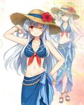  ;) bangs bare_arms bikini_top blue_bikini_top blue_hair blush bracelet breasts brown_eyes cleavage closed_mouth commentary_request crossed_legs eyebrows_visible_through_hair floral_print flower hair_between_eyes hand_on_hip hand_up hat hat_flower jewelry kamishirasawa_keine long_hair looking_at_viewer medium_breasts nagisa3710 nail_polish navel one_eye_closed sarong sidelocks smile standing sun_hat toenail_polish touhou zoom_layer 