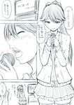  &gt;_&lt; blazer blush bow clapping close-up closed_eyes comic commentary covering_mouth flying_sweatdrops full-face_blush greyscale hair_bow highres holding holding_microphone houshou_(kantai_collection) jacket jewelry kaga_cape kantai_collection karaoke long_hair microphone monochrome open_mouth pleated_skirt ponytail ring school_uniform skirt smile sweat sweater television thighhighs translated wedding_band yano_toshinori zettai_ryouiki 