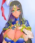  arm_wrap azukiko bangs black_hair blue_armor blue_background bracelet breastplate breasts chain circlet cleavage dark_skin detached_collar eyelashes facial_mark fate/grand_order fate_(series) green_eyes hand_on_own_chest hat huge_breasts jewelry long_hair necklace parted_bangs parted_lips pauldrons pearl_necklace ring scheherazade_(fate/grand_order) slit_pupils solo thumb_ring 