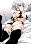  arm_wrap armband ass back bare_shoulders beamed_sixteenth_notes black_legwear black_panties commentary_request eighth_note facial_scar fate/apocrypha fate_(series) green_eyes half_note hips jack_the_ripper_(fate/apocrypha) leg_up looking_back lying musical_note on_bed on_stomach oohira_sunset open_mouth panties scar scar_on_cheek short_hair shoulder_tattoo silver_hair solo tattoo thighs underwear 