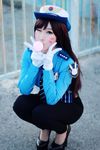 1girl asian brown_hair cosplay d.va_(overwatch) gloves officer_d.va overwatch pants photo police_hat police_uniform policewoman rinnie_riot solo squatting 