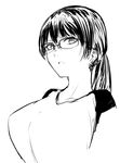  bangs breasts cropped_arms earrings glasses greyscale hair_between_eyes highres hometa jewelry large_breasts looking_at_viewer monochrome ponytail shirt simple_background solo white_background 