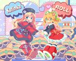  2girls android blonde_hair blue_eyes bow coat commentary_request earrings eyebrows_visible_through_hair full_body green_eyes hair_between_eyes hair_ribbon hand_holding hat interlocked_fingers iroyopon jewelry kalinka_cossack long_hair metool multiple_girls red_coat red_footwear ribbon rockman rockman_(classic) roll speech_bubble 