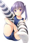  feet_out_of_frame hair_bobbles hair_ornament highres long_hair looking_at_viewer one-piece_swimsuit original purple_eyes purple_hair school_swimsuit shibacha simple_background sitting solo striped striped_legwear swimsuit thighhighs tongue tongue_out twintails white_background 