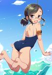  armband ass barefoot black_eyes black_hair blue_sky blue_swimsuit cloud competition_school_swimsuit day from_behind glasses gradient gradient_background hacomugi highres idolmaster idolmaster_cinderella_girls looking_at_viewer looking_back low_twintails one-piece_swimsuit open_mouth outstretched_wrists saejima_kiyomi school_swimsuit short_hair sky solo swimsuit twintails whistle 