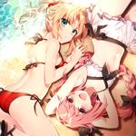  1girl :d armpits ass astolfo_(fate) back bangs beach bikini bikini_skirt black_bow blonde_hair blurry bow braid breasts butt_crack cleavage commentary_request day depth_of_field eyebrows_visible_through_hair fang fate/apocrypha fate/grand_order fate_(series) flat_chest green_eyes hair_bow hair_intakes hair_ornament hair_scrunchie halter_top halterneck long_hair looking_at_viewer lying mordred_(fate)_(all) mordred_(swimsuit_rider)_(fate) multiple_girls navel ocean on_back on_stomach open_mouth otoko_no_ko outdoors parted_bangs parted_lips pink_eyes pink_hair ponytail red_bikini red_scrunchie sakura_yuki_(clochette) sandals scrunchie side-tie_bikini sidelocks single_braid skirt smile swimsuit tareme thighs tsurime water white_bikini white_skirt 