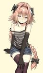  astolfo_(fate) bangs bare_shoulders black_bow black_gloves black_legwear black_neckwear blush bow braid camisole closed_mouth collarbone denim denim_shorts elbow_gloves fang fate/apocrypha fate/grand_order fate_(series) gloves hair_bow hair_intakes half-closed_eyes hand_on_own_knee heart heart-shaped_pupils highres leg_up long_hair looking_at_viewer male_focus multicolored_hair nose_blush otoko_no_ko pink_eyes pink_hair shorts simple_background single_braid sky_(freedom) sleeveless solo strap_slip streaked_hair striped symbol-shaped_pupils thighhighs very_long_hair white_hair yellow_background 