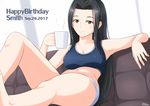  black_hair blue_bra bra breasts brown_eyes character_name cleavage closed_mouth coffee_mug convenient_leg couch cup dated dutch_angle feet_out_of_frame gecotan happy_birthday long_hair medium_breasts monster_musume_no_iru_nichijou ms._smith mug navel panties september shadow signature sitting smile solo steam underwear underwear_only very_long_hair white_panties 