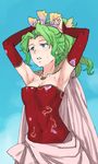  armpits arms_up bare_shoulders blue_eyes blush breasts cape cleavage covered_navel day detached_sleeves dress eyebrows final_fantasy final_fantasy_vi fingernails green_hair hair_intakes hair_ornament high_ponytail jack_hamster long_hair long_sleeves parted_lips red_dress sleeves_past_wrists small_breasts solo strapless strapless_dress sweat tina_branford tying_hair wavy_hair white_cape 