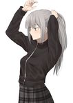  aqua_eyes benbe breasts fate_(series) gray_(lord_el-melloi_ii) grey_hair highres jacket long_hair lord_el-melloi_ii_case_files medium_breasts ponytail simple_background skirt solo white_background 