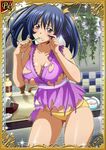  00s 1girl bashoku_youjou blue_hair breasts card_(viewer) cleavage curvy female hair_ornament ikkitousen large_breasts looking_at_viewer purple_eyes shiny_skin short_twintails twintails 