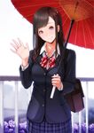  black_hair blush cardigan commentary_request hair_ornament hairclip long_hair looking_at_viewer nanahime original purple_eyes revision school_uniform skirt smile solo umbrella 