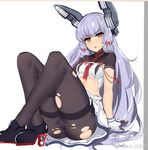  ass black_legwear blue_hair blush breasts brown_eyes gloves high_heels kantai_collection long_hair looking_at_viewer murakumo_(kantai_collection) open_mouth panties panties_under_pantyhose pantyhose remodel_(kantai_collection) sidelocks sitting slm small_breasts solo sweatdrop thighband_pantyhose torn_clothes torn_legwear underwear very_long_hair white_gloves 