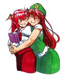  ;d ^_^ bat_wings beret blush book braid cheek-to-cheek closed_eyes cropped_legs demon_girl dress dress_shirt hat head_wings hong_meiling hug hug_from_behind koakuma koyubi_(littlefinger1988) long_hair multiple_girls necktie one_eye_closed open_mouth red_eyes red_hair scar shirt short_sleeves simple_background skirt skirt_set smile star touhou vest white_background wings 