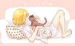  ^_^ animalization bangs bare_legs barefoot blonde_hair blush book camisole cat closed_eyes couch eyebrows_visible_through_hair haikyuu!! holding holding_book hood hoodie kuroo_tetsurou legs_together lying magazine namo noses_touching on_back on_couch open_clothes open_hoodie open_mouth pillow polka_dot polka_dot_background sidelocks smile striped striped_camisole yachi_hitoka 
