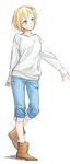  bangs blonde_hair blush boots brown_eyes brown_footwear denim eyebrows_visible_through_hair full_body haikyuu!! jeans namo open_mouth pants parted_lips short_hair side_ponytail simple_background solo sweater white_background white_sweater yachi_hitoka 