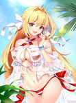  :d absurdres ahoge bead_bracelet beads bikini blonde_hair blue_sky bracelet breasts day earrings fate/grand_order fate_(series) green_eyes hair_ribbon highres huashengjiang index_finger_raised jewelry long_hair looking_to_the_side medium_breasts navel nero_claudius_(fate)_(all) nero_claudius_(swimsuit_caster)_(fate) open_mouth ribbon side-tie_bikini sky smile solo standing striped striped_bikini sun_beam swimsuit white_ribbon 
