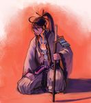  android expressionless glowing hakama headphones highres japanese_clothes kamui_gakupo long_hair male_focus nail_polish purple_hair purple_nails red_background seiza shikuchouson sitting solo sword vocaloid weapon 
